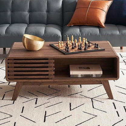 mopio Ensley Dual-Side Storage Coffee Table – Mid Century Modern Fluted Wood by MopioInc