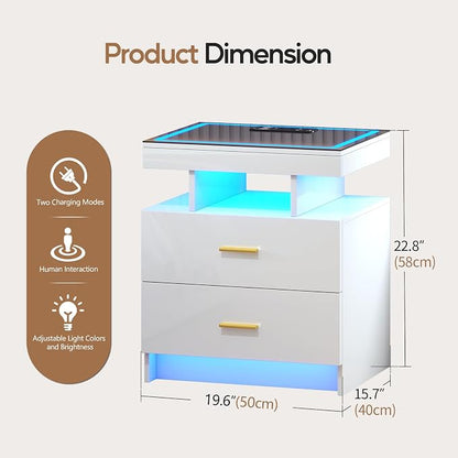 LED Nightstand with Wireless Charging Station, Glass Top Smart Bedside Table - Image 2