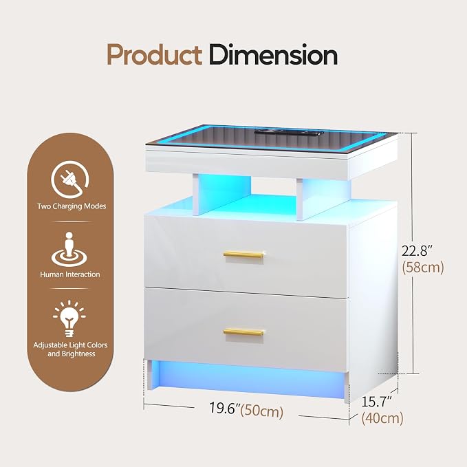 LED Nightstand Set 2 with Wireless Charging Station, Glass Top Smart Bedside - Image 2