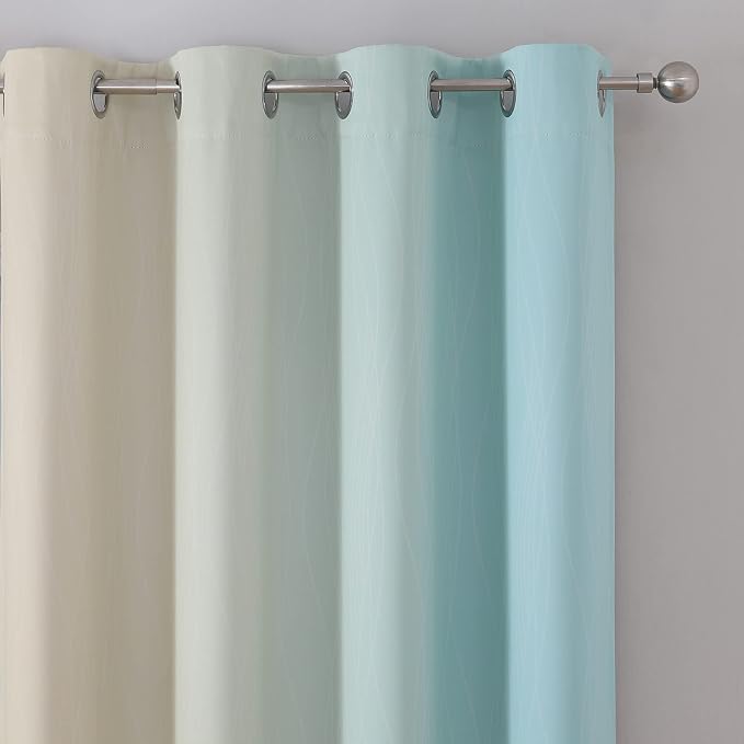 Aqua and Beige Ombre Blackout Bedroom Curtains 102 Inches | Thermal Insulated - Image 4