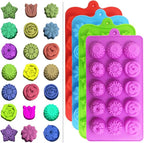 4 PACK Flower Shape Chocolate Candy Molds Set,DanziX Silicone 15 Cavity Baking Mold Ice Cube Tray for Wedding,Festival,Parties and DIY Crafts-Green,Blue,Red and Purple