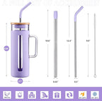 Kodrine Tumbler with Lid and Straw, 20 oz Glass Coffee Tumbler with Handle, Smoothie Cup with Bamboo Lid | Time Marker | Silicone Protective Sleeve, BPA Free - Purple