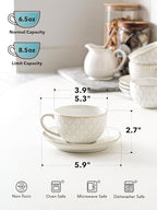 LE TAUCI Cappuccino Cups with Saucers 8 oz, Ceramic Large Coffee Cup for Au Lait, Double shot, Latte, Cafe Mocha, Tea, Dishwasher Safe - Set of 4, Arctic white