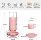 8 Ounce Porcelain Cappuccino Cups with Saucers and Silver Stand, Pink Cups Set of 4