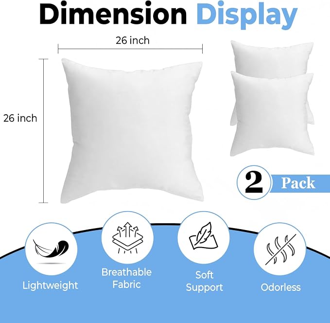 QUBA LINEN Throw Pillow Inserts, 26x26 Inches - Image 2