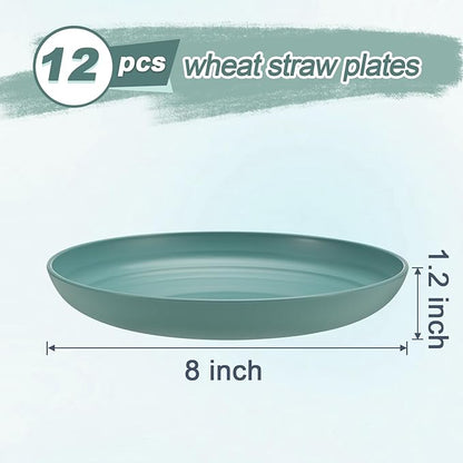 12 Pcs Unbreakable Deep Dessert Plates Set, 8 inch Reusable Plastic Wheat Straw Plates, Microwave and Dishwasher Safe Plate for Kitchen, Lightweight Plate for Dessert, BPA Free, Dark Green