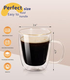 OJA Double Walled Glass Coffee Mugs Set of 4 12oz Hand Blown Clear Coffee Cup with Handle for Cappuccino, Tea Cups, Latte Espresso American Insulated, Heat Resistant Borosilicate Glass