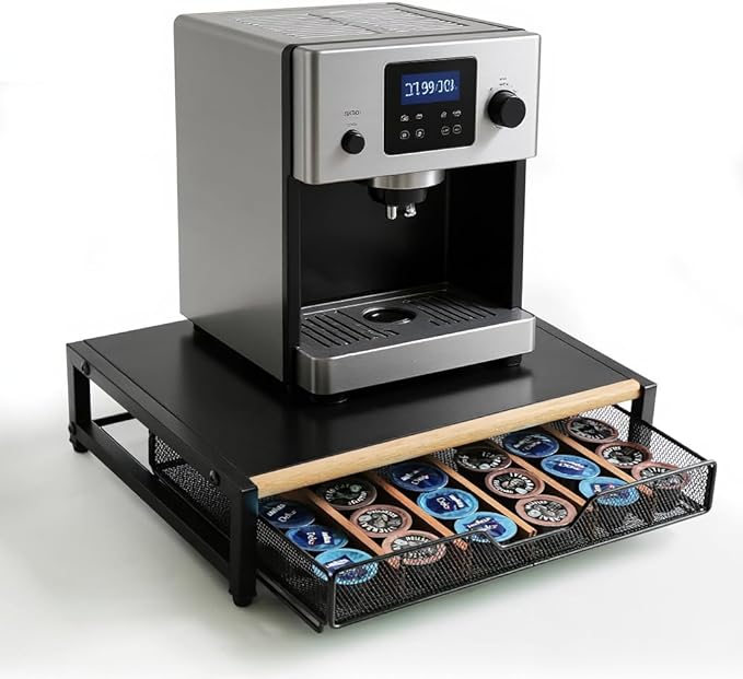 Coffee Pod Drawer,Coffee Station Organizer for Coffee Pod Storage,Movable Solid Wood Partition Board, Counter Coffee Bar Accessories for Nespresso Pods,Cream, Spoon, Sugar（Black)