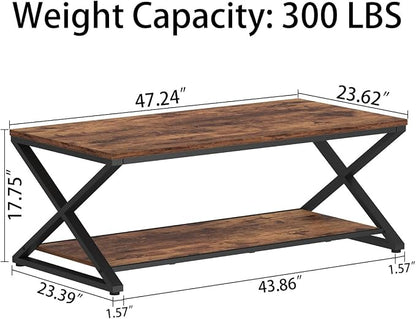 HSH Rustic Coffee Table with Storage Shelf, Industrial Metal Wood Living Room - Image 2