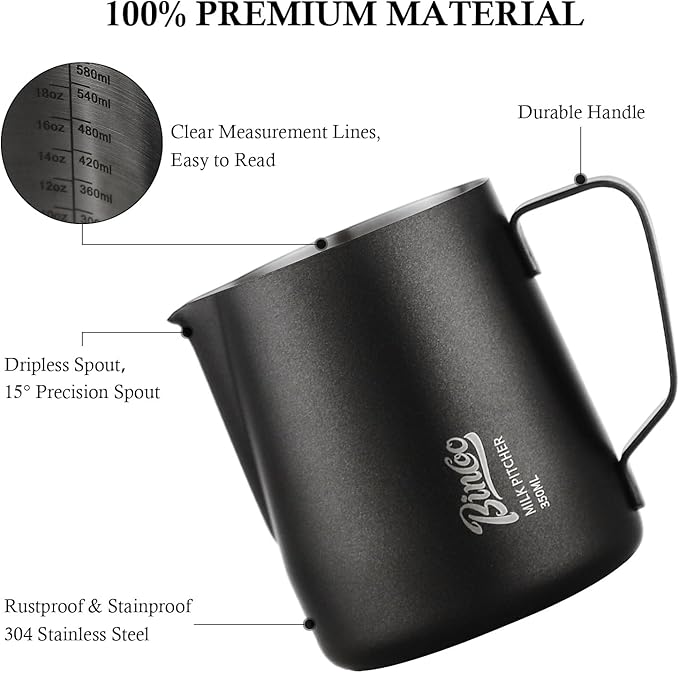 600ML Milk Frothing Pitcher - SUS304 Stainless Steel Latte Art Coffee Jug – Barista-Grade Milk Frother Cup with Precision Spout, Measurement Markings & Ergonomic Handle for Home & Café
