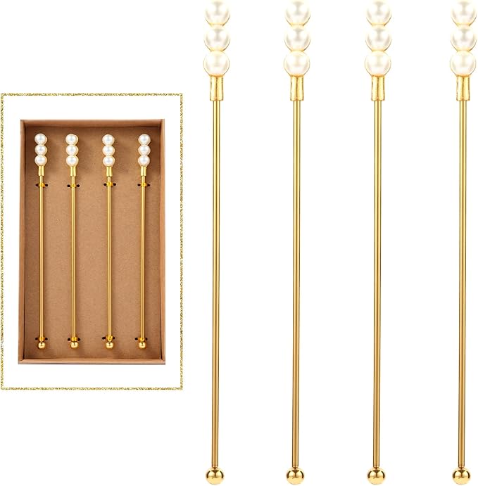 Exquisite Gold Pearl Stainless Steel Coffee Beverage Stirrers Stir Cocktail Drink Swizzle Stick for Wendding Party Value Pack, Hostess Gifts Set of 4, 7.5 Inches Long