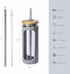 Kodrine 20oz Glass Water Tumbler with Straw and Lid, Bamboo Lids Water Bottle, Iced Coffee Cup Reusable, Wide Mouth Smoothie Cups with Protective Silicone Sleeve BPA FREE-Grey
