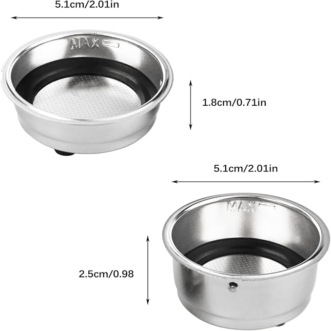 2Pcs Coffee Filter Basket, 51mm Pressurized Coffee Filter Cups Strainer Stainless Steel With Strainer, Coffee Detachable Espresso Machine Portafilter Basket Replacement for Home Office (Single+Double)