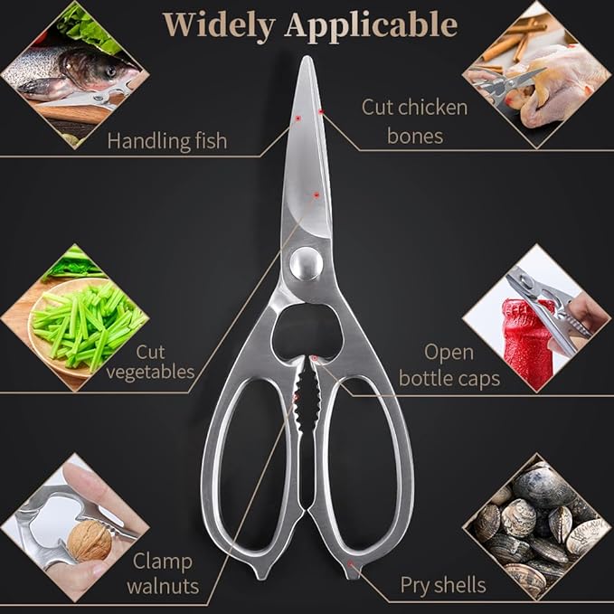 Newness Multi-Purpose Kitchen Scissors, Premium Stainless Steel Solid Kitchen Shears for Can Opener, Walnut Cracker, Heavy Duty Poultry Scissors with Sharp Blade for Cutting Turkey, Chicken, Bones