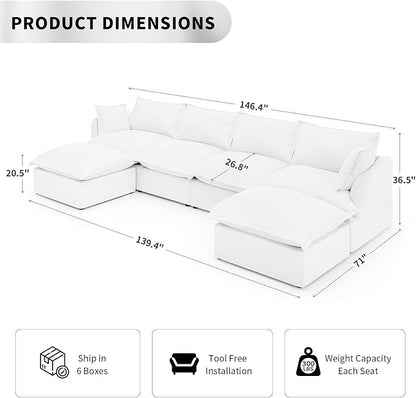 Waterproof Cloud Couch, 6 Seat U Shape Stain Resistant Modular Sectional Sofa - Image 2