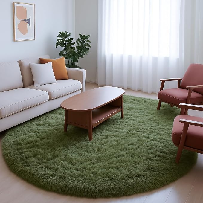 Amdrebio Olive Green Shag Round Area Rug 5Ft - Image 5