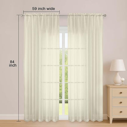 Sheer Curtains 84 Inches Long 2 Panels Set, Sheer Cream Curtains - Image 2