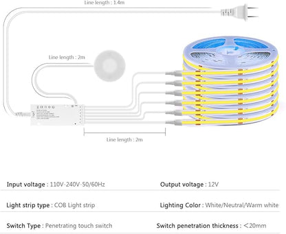 AIMENGTE Cabinet Light 12V COB LED Strip Lights, 6-in-1 Penetrable Touch Dimming - Image 3