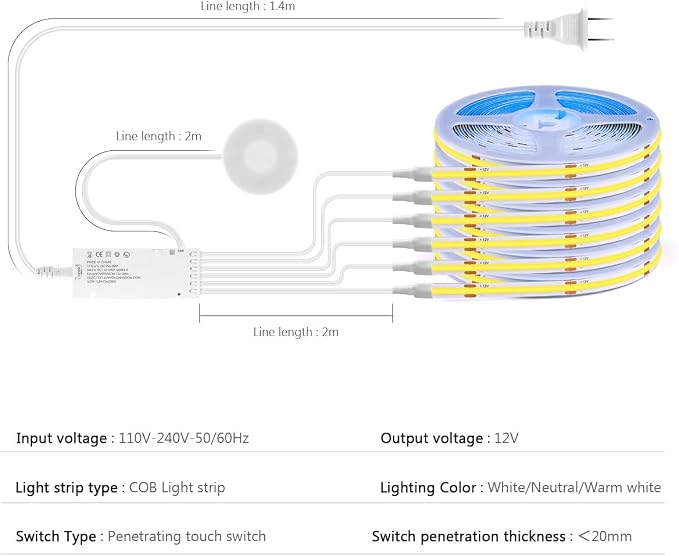 AIMENGTE Cabinet Light 12V COB LED Strip Lights, 6-in-1 Penetrable Touch Dimming - Image 4