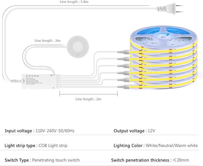 AIMENGTE Cabinet Light 12V COB LED Strip Lights, 6-in-1 Penetrable Touch Dimming - Image 4
