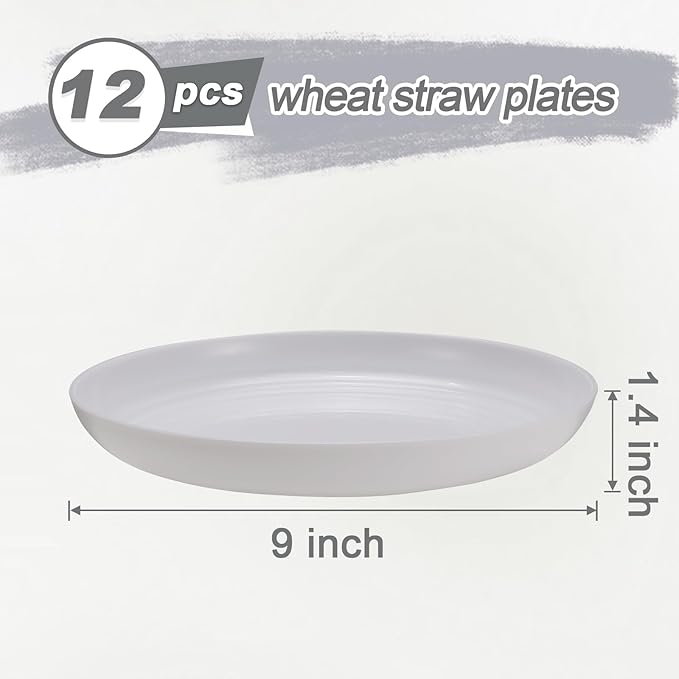 12 Pcs Unbreakable Deep Dinner Plates Set, 9 inch Reusable Plastic Wheat Straw Plates, Microwave and Dishwasher Safe Plate for Kitchen, Lightweight Plate for Dessert, BPA Free, White