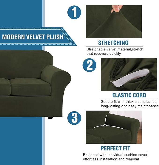 H.VERSAILTEX Modern Velvet Plush 4 Piece High Stretch Sofa Slipcover Furniture - Image 3