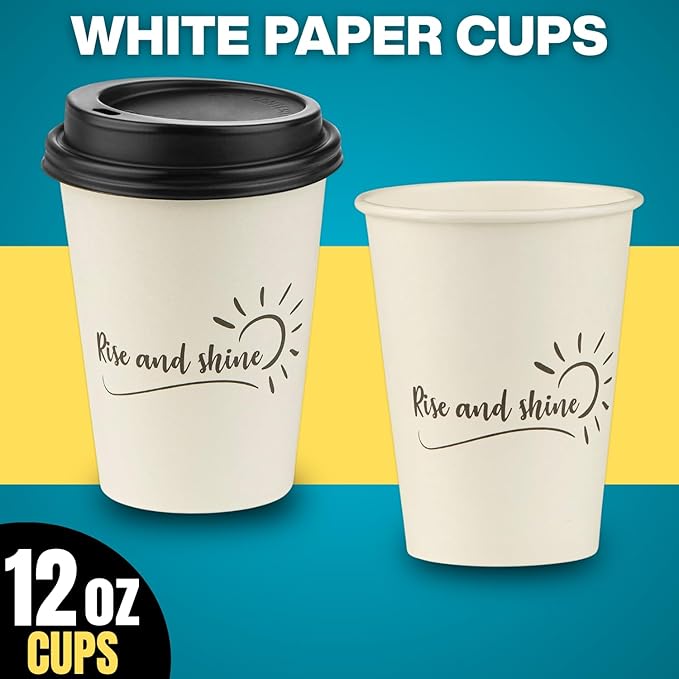 Smygoods Disposable Coffee Cups with Lids, To Go Paper Hot Cups, Rise and Shine Design (12 OZ, 100 Count) For Hot Beverages, Coffee, Tea, Espresso, Cocoa - Vasos Para Cafe