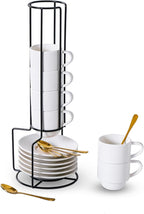 Lareina Porcelain Stackable Espresso Cups with Saucers, Spoons and Metal Stand, 3 Ounce Small Coffee Cups Set of 6 - Ceramic Demitasse Mugs, White