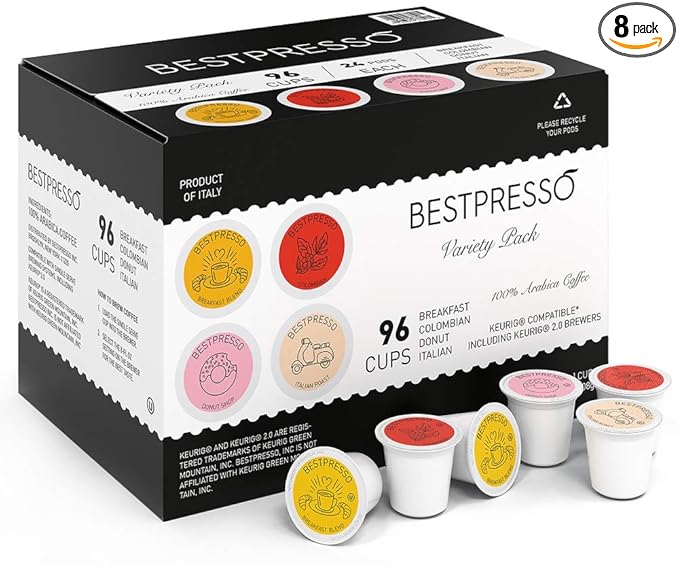 Bestpresso Coffee, Variety Pack Single Serve K-Cup Pods, 96 Count. Includes Breakfast, Colombian, Donut and Italian (Compatible With 2.0 Keurig Brewers) 8 Packs Of 12 Cups