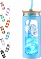 Kodrine 20oz Glass Water Tumbler with Straw and Lid, Bamboo Lids Water Bottle, Iced Coffee Cup Reusable, Wide Mouth Smoothie Cups with Protective Silicone Sleeve BPA FREE-Light Blue