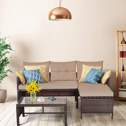 Tangkula Patio Corner Sofa Set 3 Piece, Outdoor Rattan Sofa Set, Includes - Image 4