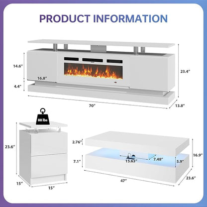 4-Piece Modern Living Room Table Set, Includes High Gloss 70" Fireplace TV Stand - Image 3