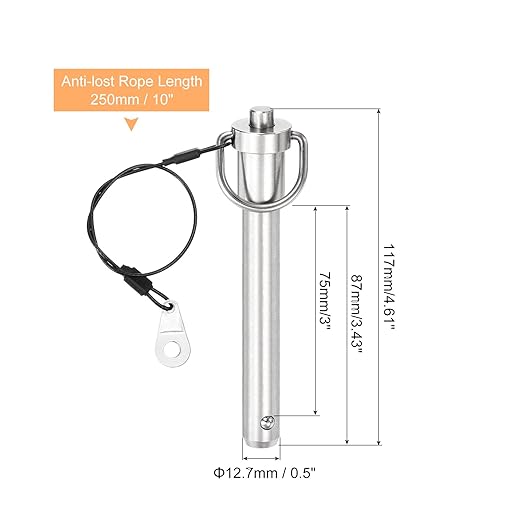uxcell 1 Pcs Quick Release Pin, 1/2" x 3"(Dia. x L) Push-Button Ball Locking Pin 304 Stainless Steel Ring Handle Locking Pin with Wire for Audio Bimini Top Marine, Silver