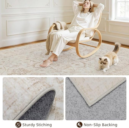 10x12 Area Rugs Living Room: Bedroom Washable Carpet Warm Beige | Vintage Boho - Image 4