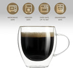 Aurzen 2 Pack Double Walled Glass Coffee Mugs with Handles 8.5oz, Large Insulated Layer Coffee Cups, Clear Borosilicate Mugs, Perfect for Cappuccino, Tea, Microwave Safe (8.5oz-2Pack)