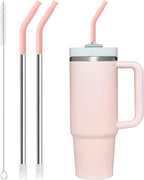 Snowfall Metal Straw Reusable for Stanley 30 OZ, 2 Pcs Reusable Long Stainless Steel Drinking Straws with Silicone Tip, 1 Straw Brush, BPA Free (Light Pink)