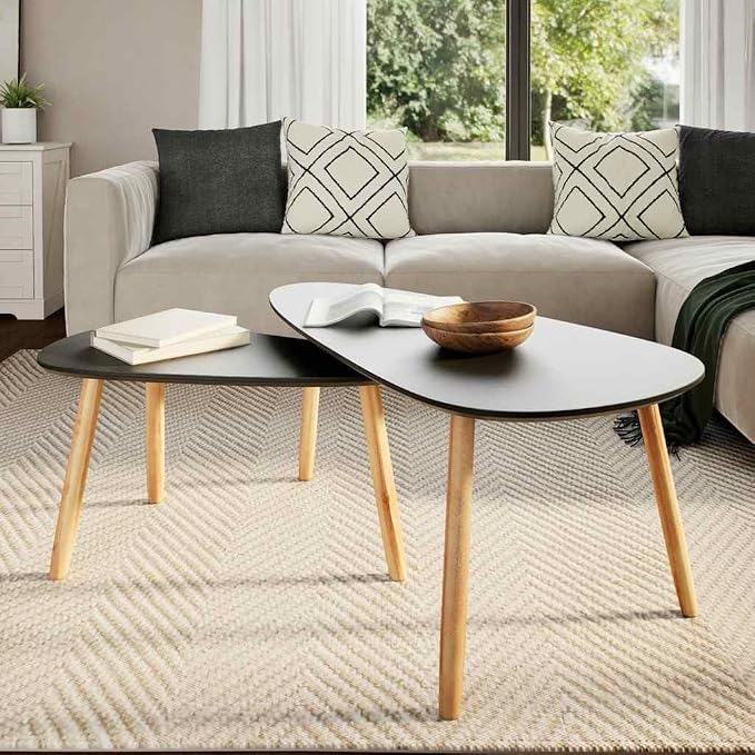 Coffee Table Set of 2 Black Solid Pine Wood Legs - Image 3