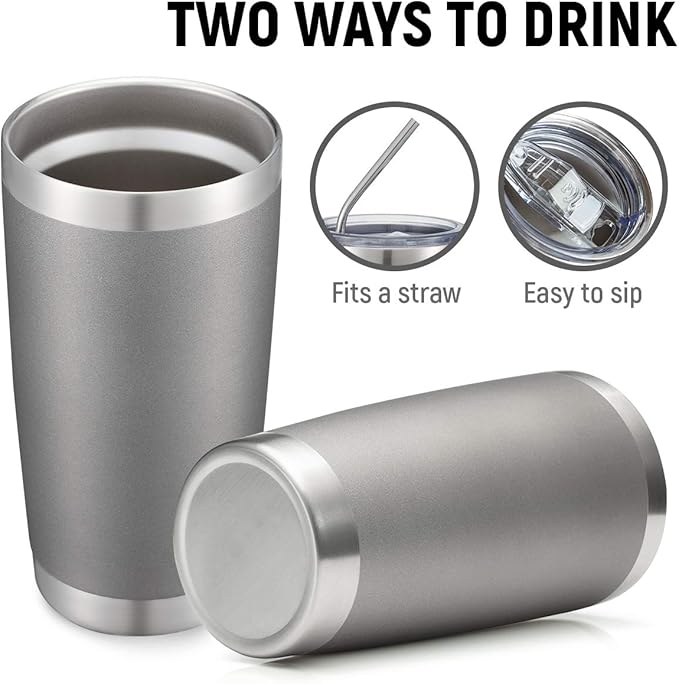 COMOOO 20oz/8Pack Tumbler Double Wall Vacuum Insulated Coffee Travel Mug Stainless Steel Tumbler with Lid and Straw Coffee Cup for Cold & Hot Drinks, Home and Outdoor (Cold Grey, 8 Pack)