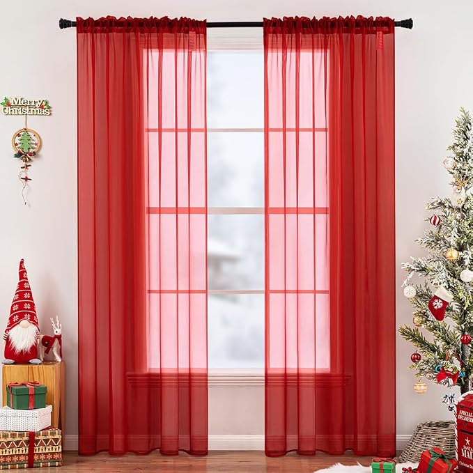 MIULEE 2 Panels Red Sheer Christmas Window Curtains 54 X 72 Inches | Solid Color by MIULEE