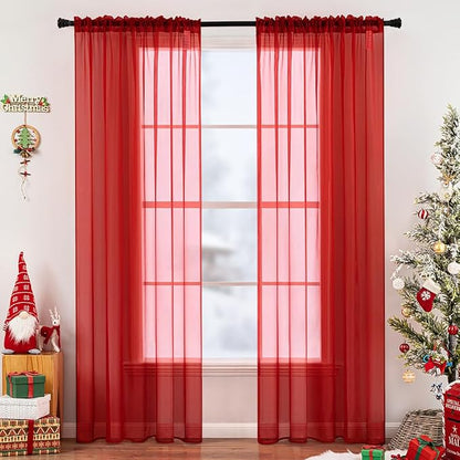 MIULEE 2 Panels Red Sheer Christmas Window Curtains 54 X 96 Inches | Solid Color by MIULEE