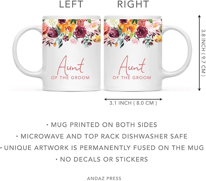 Andaz Press 11oz. Wedding Ceramic Coffee Tea Mug Gift, Fall Autumn Burgundy Orange Peach Flowers Roses Florals, Aunt of the Groom, 1-Pack, Includes Gift Box