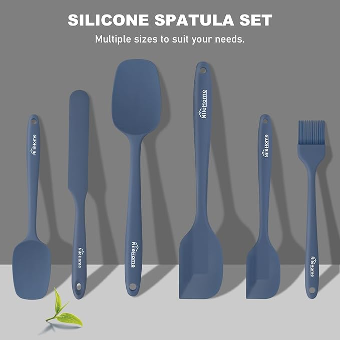 NileHome Silicone Spatula Set, 6 Packs Food Grade Kitchen Utensils with Silicone Brush Heat Resistant Dishwasher Safe BPA-Free Rubber Spatula for Scraping, Baking, Cooking, Mixing, Haze Blue