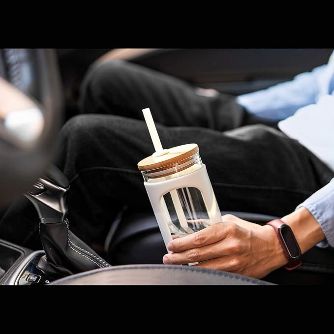 Kodrine 20oz Glass Water Tumbler with Straw and Lid, Bamboo Lids Water Bottle, Iced Coffee Cup Reusable, Wide Mouth Smoothie Cups with Protective Silicone Sleeve BPA FREE-Purple