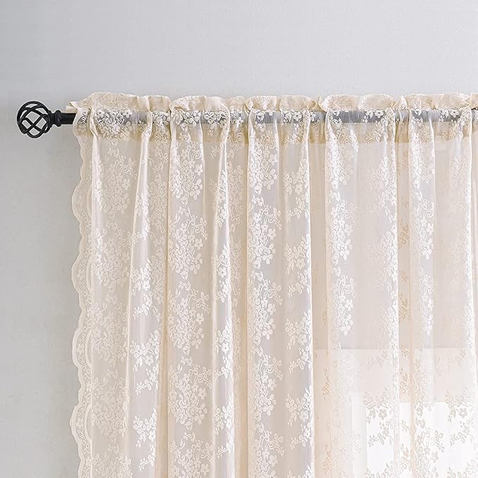 YJ YANJUN Vintage Lace Curtains 84 Inches Long-Victorian Floral Dusty Pink - Image 5