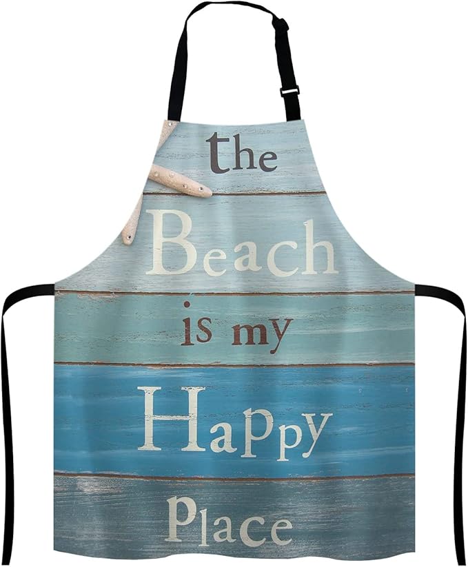 The Beach Is My Happy Place Bib Apron with Adjustable Neck for Men Women,Suitable for Home Kitchen Cooking Waitress Chef Grill Bistro Baking Apron