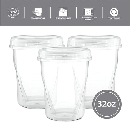 (32 Ounce 10 Pack) Clear Twist cap Containers With Screw on Lids Twist Top Food Storage Freezer Containers