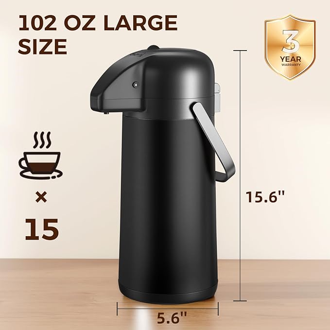 Coffee Carafe for Keeping Hot - 102OZ / 3L Airpot Coffee Dispenser with Pump - Large Coffee Thermos for Hot Drinks Tea Liquid - Insulated Stainless Steel Hot Water Beverage Dispenser for Parties,Black