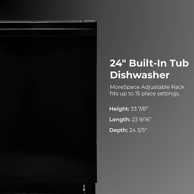 Kenmore 22-14629 24" Built-in Dishwasher-Quiet Tub with TurboDry, Leak, & SmartWash Soil Detection-15 Place Settings-49 DBA-Energy Star Certified, 24.61"D x 23.55"W x 33.88"H, Black