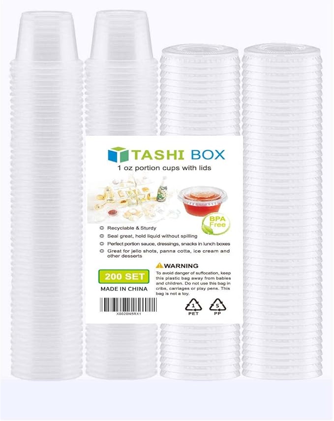 TashiBox 200 Sets - 1 Ounce Jello Shot Cups with Lids, Plastic Souffle Portion Cups with Lids, Clear