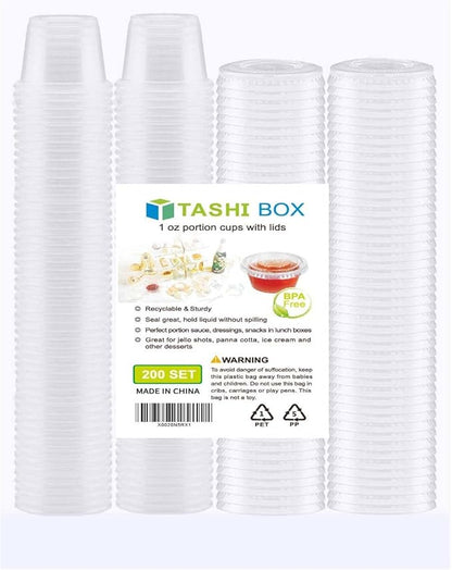 TashiBox 200 Sets - 1 Ounce Jello Shot Cups with Lids, Plastic Souffle Portion Cups with Lids, Clear